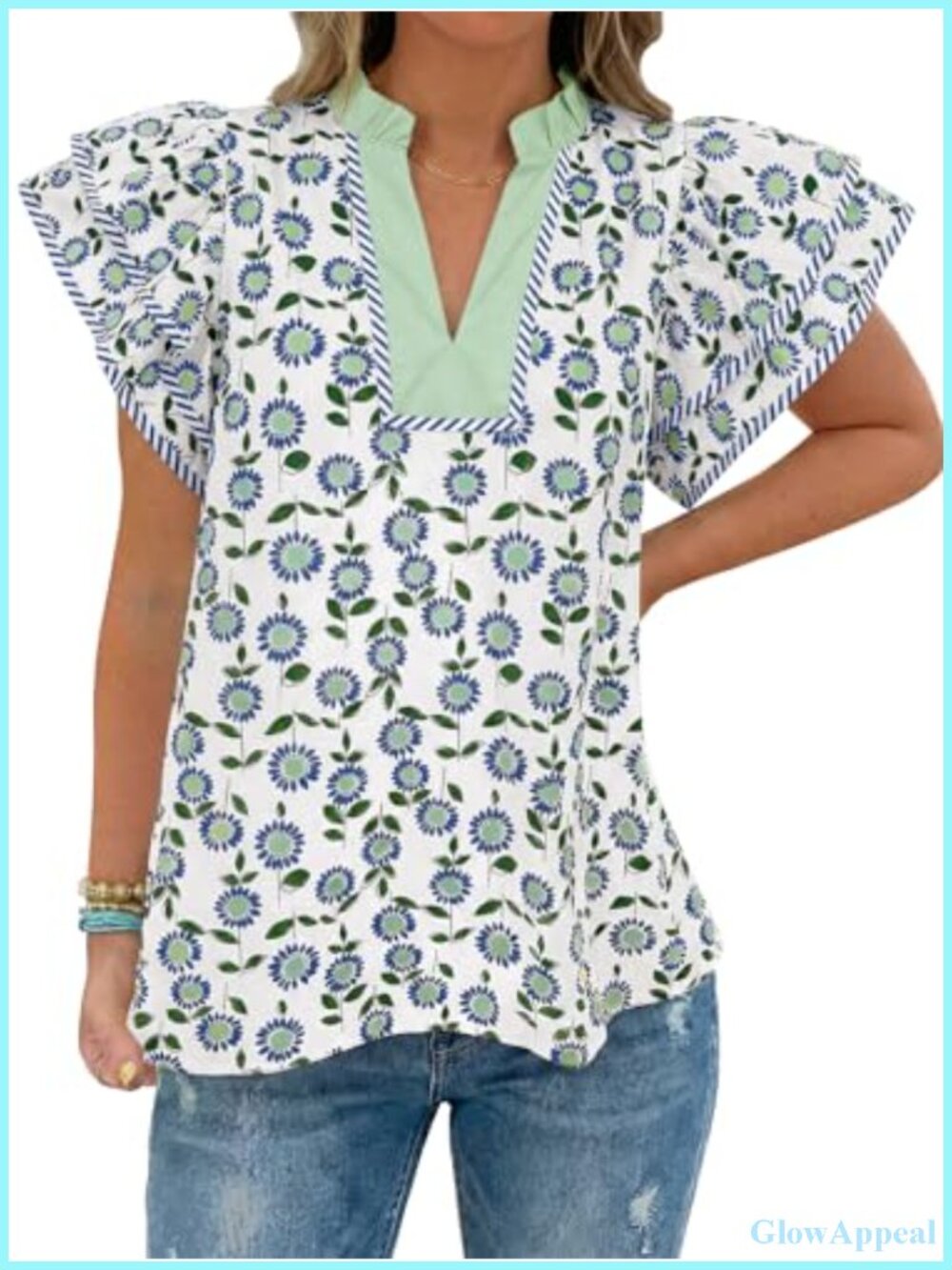 Womens Ruffle Sleeve Floral V-Neck Blouse Loose Fit Dressy Casual Summer Top